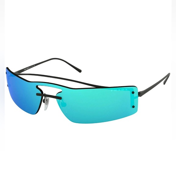 $390 Prada Rectangular Shield Sunglasses Blue Mirror Black Frame Lightweight NIB - Picture 6 of 16
